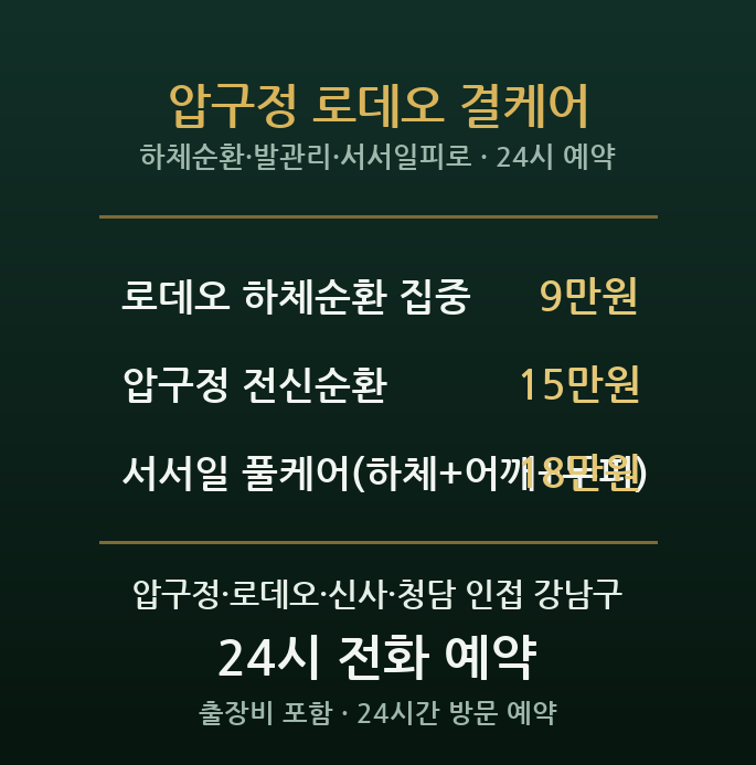강남 출장마사지 - 압구정 로데오 백화점 판매 서서일 다리 발 붓기 방문 홈케어